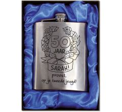 Zakfles - Heupfles met Schroefdop - RVS - 50 jaar Sarah (inhoud 210 ml)