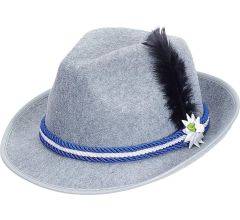 Oktoberfest Hoed Grijs Met Veer - Tiroler hoed - 20,5 x 16 cm (LxB)