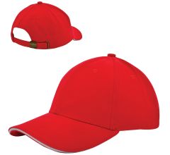 6 Panel Cap van zwaar geborsteld katoen met koperen bucklesluiting - Rood / Wit