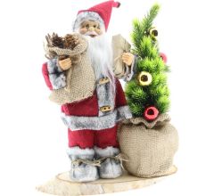 Luxe Afgewerkte Kerst Decoratie Kerstman Staand Naast Kerstboom - Grijs-Rood - 30cm