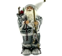 Luxe Afgewerkte Kerst Decoratie Kerstman Staand Wit/Grijs 30cm