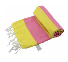 Arowell Double Banded Pestemal - Fouta - Hamamdoek - Hammamdoek - Geel - Roze - 180 x 100 cm