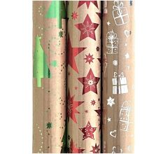 Assortiment bruine kraft cadeaupapier inpakpapier met folie druk - 150 x 70 cm - 5 rollen