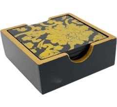 6 Houten Onderzetters Incl. Houder Voor Glazen - 10 x 10 cm - Zwart Met Goud