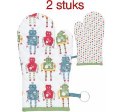 Clayre & Eef - Ovenwanten - Robots - 100% Katoen - 16 x 30 cm - 2 stuks