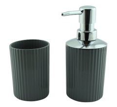 Clayre & Eef - Badkamerset Glas 2-delig - Zeeppomp & Beker - Donkergrijs