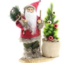 Luxe Afgewerkte Kerst Decoratie Kerstman Staand Naast Kerstboom - Rood-Grijs - 30cm